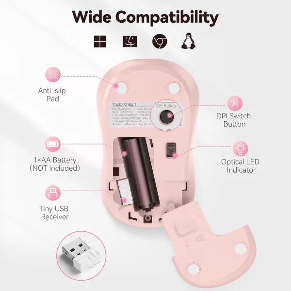 TECKNET Wireless Mouse for Laptop 24G Silent Mouse Quiet Click Small Portable Computer Mouse 5 DPI Levels Cordless Mice for PC Chromebook Mac  PinkPink
