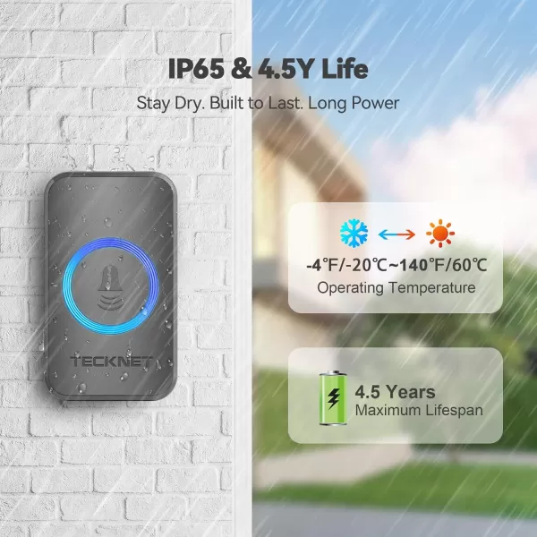 imageTECKNET Wireless Doorbells for Home IP65 Waterproof 1970Ft 120dB Door Bell Ringer Wireless for Classroom with 60 Chimes ampamp 5 Volume Levels RGB FlashGrey