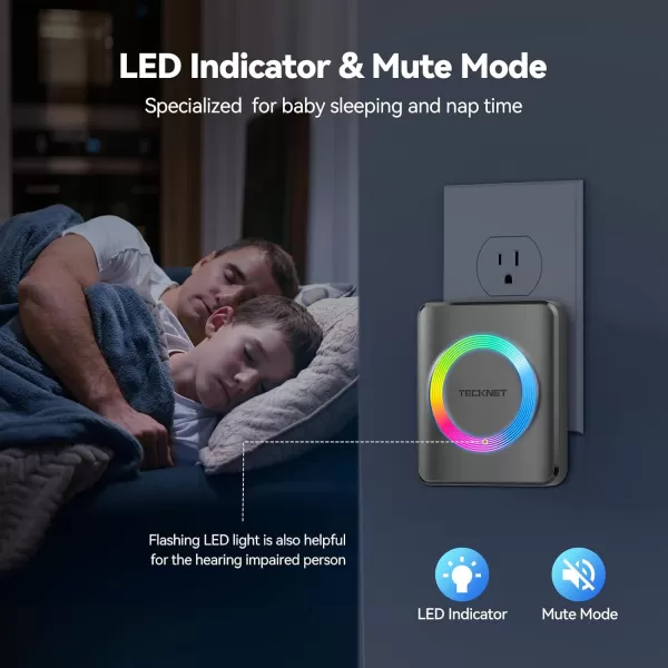 imageTECKNET Wireless Doorbells for Home IP65 Waterproof 1970Ft 120dB Door Bell Ringer Wireless for Classroom with 60 Chimes ampamp 5 Volume Levels RGB FlashGrey