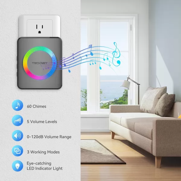 imageTECKNET Wireless Doorbells for Home IP65 Waterproof 1970Ft 120dB Door Bell Ringer Wireless for Classroom with 60 Chimes ampamp 5 Volume Levels RGB FlashTarnish