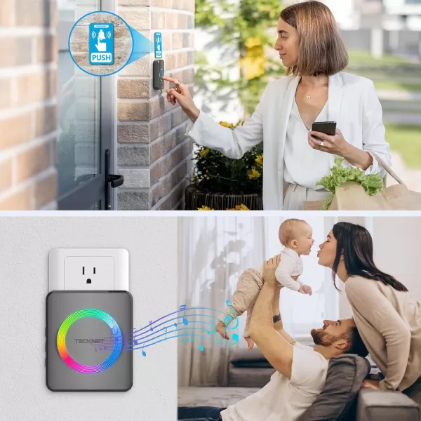 imageTECKNET Wireless Doorbells for Home IP65 Waterproof 1970Ft 120dB Door Bell Ringer Wireless for Classroom with 60 Chimes ampamp 5 Volume Levels RGB FlashGrey