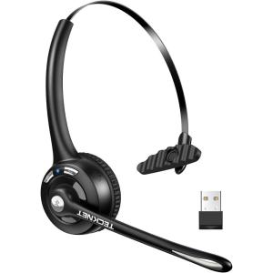 imageTECKNET Bluetooth Headset Wireless Headset with Noise Canceling Microphone for Trucker OnEar Bluetooth Headset with Mute Mic for WorkDark Black
