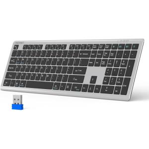 imageTECKNET Bluetooth Keyboard Rechargeable 4Device Free Switching 24GBT UltraSlim Full Size Wireless Keyboard Quiet Typing for PCLaptopSmart TVPhone Adjustable Stand 12 Multimedia KeysSilverGrey