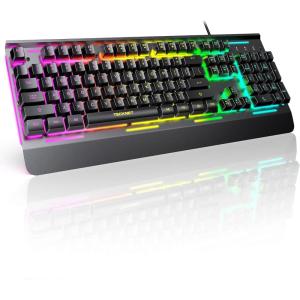 imageTECKNET Wired Gaming Keyboard 24G USB Computer Keyboards 7Color ampamp 4 Modes Backlit Whisper Quiet Switches Full Size Quiet Keyboard for Windows Desktop PC Laptop GamingBlack