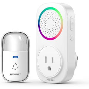 imageTECKNET SelfPowered Wireless Doorbell Kit  PlugThrough Door Bell with RGB Light 60 Chimes ampamp 5 Volume Levels IP66 Waterproof Classroom Doorbell 1000ft Range Doorbells for HomeOffice1 Button  1 Plugthrough Receiver  RGB White