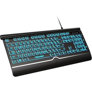 imageTECKNET Large Print Backlit Keyboard Wired USBA Computer Keyboard with Wrist Rest 7Color Backlit Oversized Letter Keys Easy to See PlugandPlay Silent Foldable Stands for WindowsPCLaptopGreen