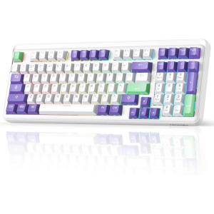imageTECKNET TriMode BT50WiredWireless Mechanical Keyboard Custom HotSwappable Creamy Sounding 96 Compact Layout with RGB Backlit Gasket Mounted Rechargeable Keyboard for Gaming 97 KeysWhite  Purple