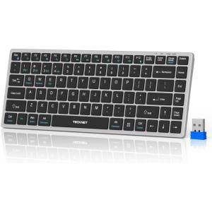 imageTECKNET Bluetooth Keyboard Rechargeable 4Device 24G3BT Wireless Keyboard UltraSlim Quiet Typing 14 Hotkeys Computer Keyboard for PCLaptopSmart TVTabletSliverBlack