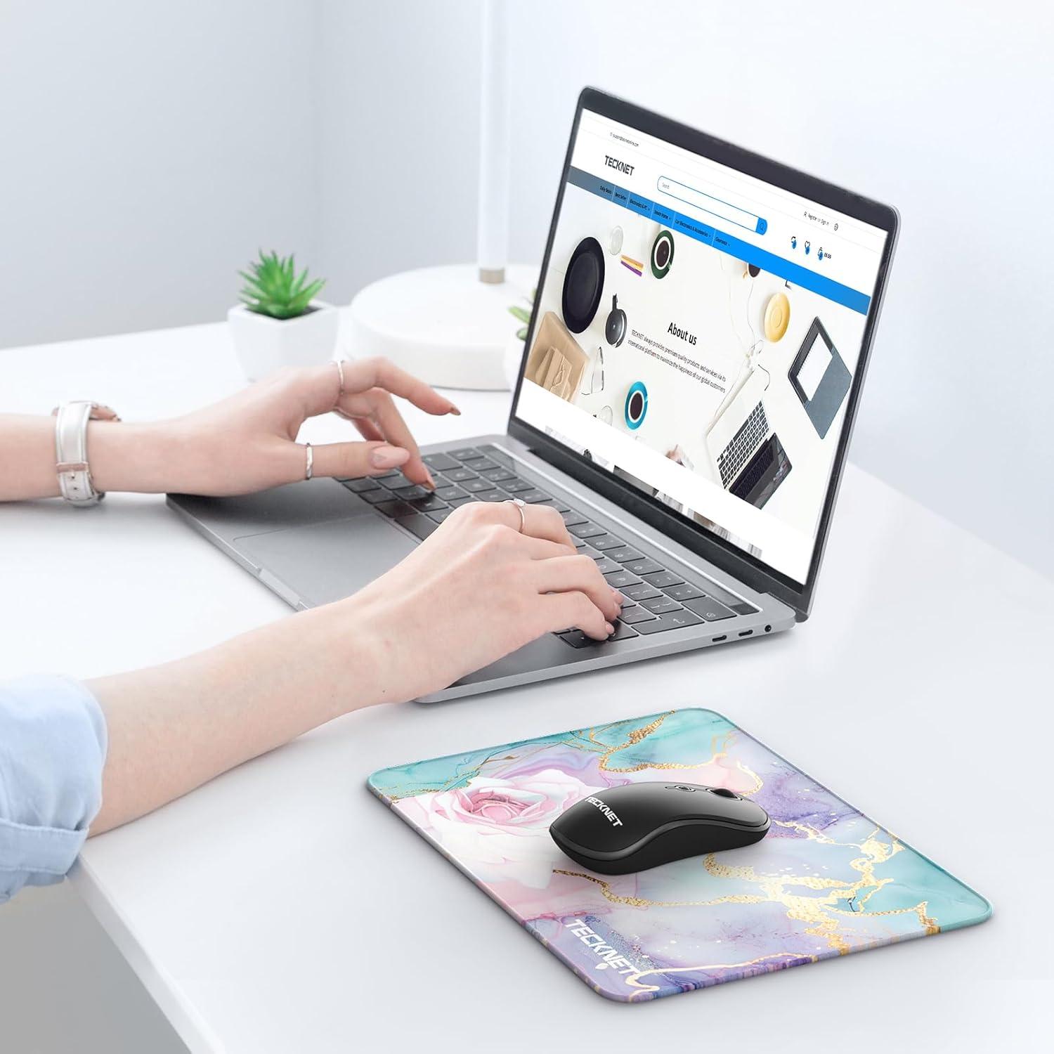 imageTECKNET 4 Pack Mouse Pad with Antifray Stitching Waterproof Surface ampamp NonSlip Rubber Base with Stitched Edges Gaming Mouse Mat for Laptop Compatible with Laser and Optical Mice  BlackRose marble