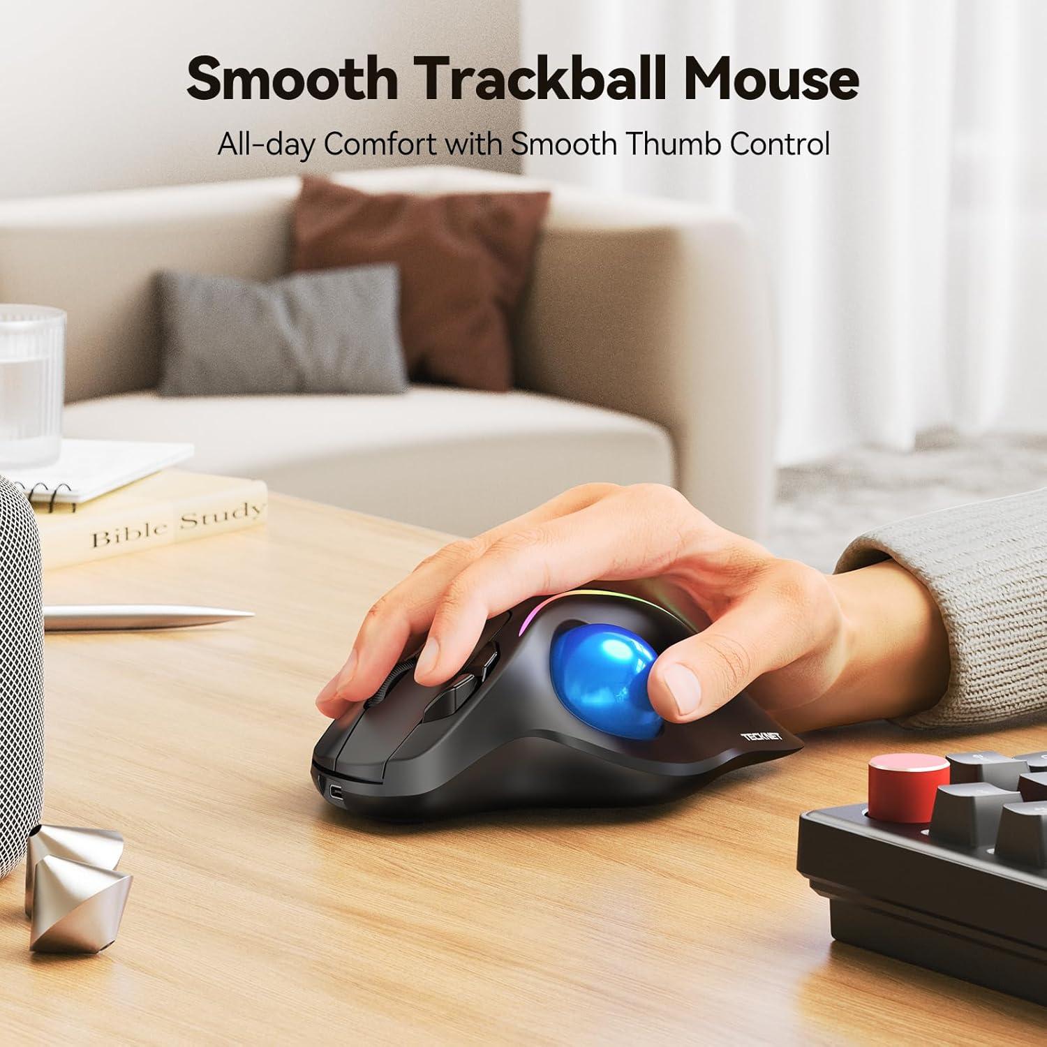imageTECKNET Pro Wireless Trackball Mouse Bluetooth Mouse with Ergonomic Thumb Control USBC Rechargeable RGB Light Mice with Adjustable DPI 3Device Connectivity BT or 24Gfor PCMacLaptop  BlackBlack
