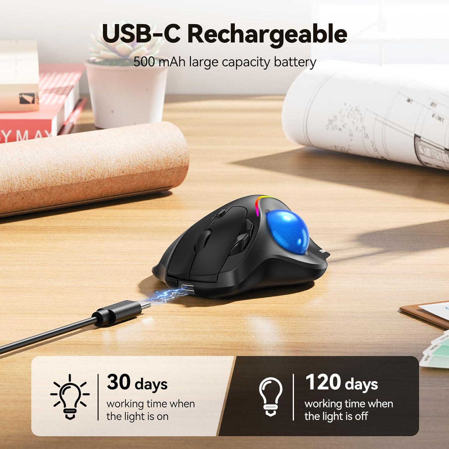 imageTECKNET Pro Wireless Trackball Mouse Bluetooth Mouse with Ergonomic Thumb Control USBC Rechargeable RGB Light Mice with Adjustable DPI 3Device Connectivity BT or 24Gfor PCMacLaptop  BlackBlack