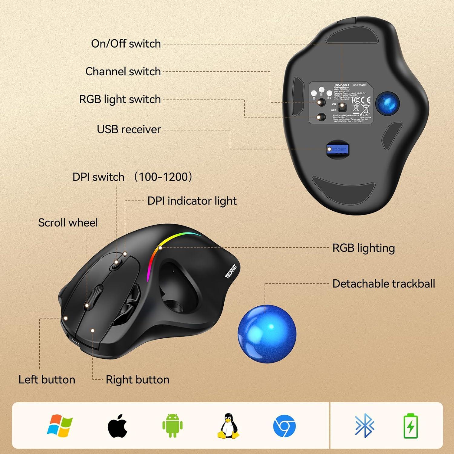 imageTECKNET Pro Wireless Trackball Mouse Bluetooth Mouse with Ergonomic Thumb Control USBC Rechargeable RGB Light Mice with Adjustable DPI 3Device Connectivity BT or 24Gfor PCMacLaptop  BlackBlack