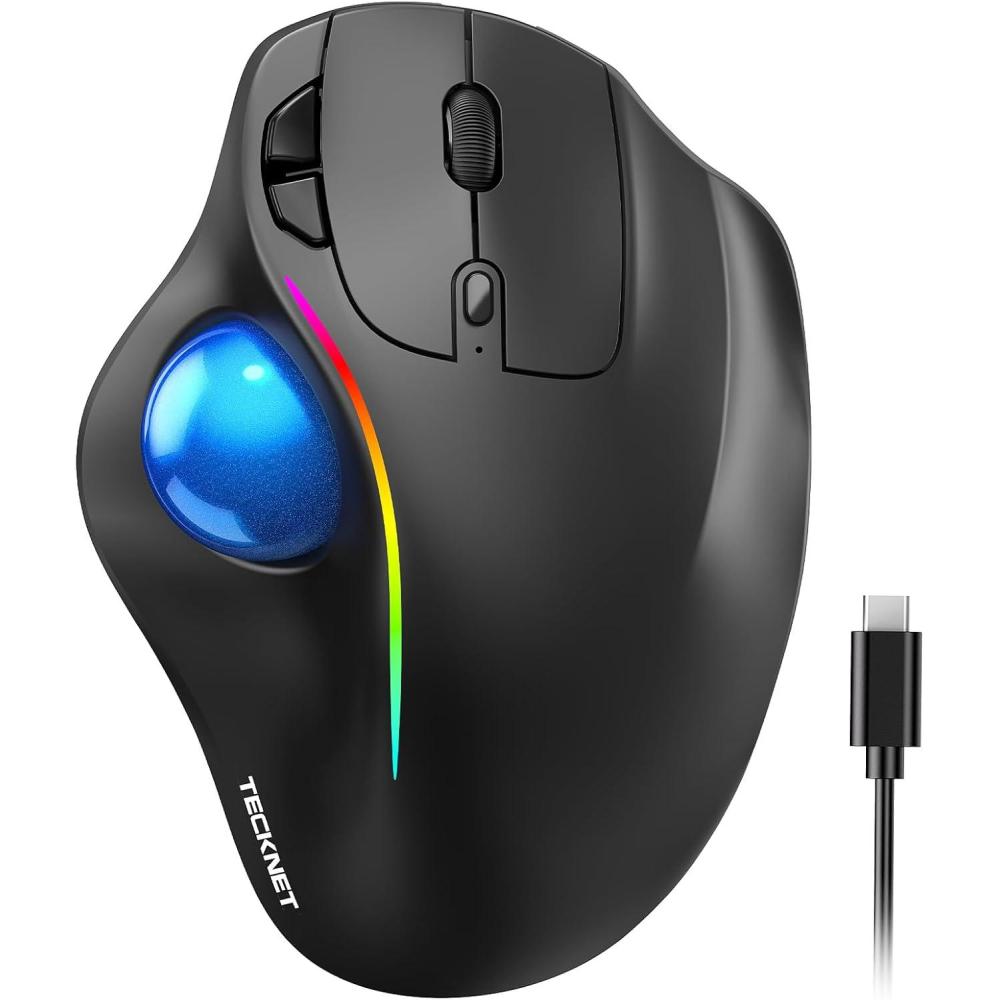 imageTECKNET Pro Wireless Trackball Mouse Bluetooth Mouse with Ergonomic Thumb Control USBC Rechargeable RGB Light Mice with Adjustable DPI 3Device Connectivity BT or 24Gfor PCMacLaptop  BlackBlack