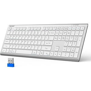 image:imageTECKNET Bluetooth Keyboard Rechargeable 4Device Free Switching 24GBT UltraSlim Full Size Wireless Keyboard Quiet Typing for PCLaptopSmart TVPhone Adjustable Stand 12 Multimedia KeysWhite