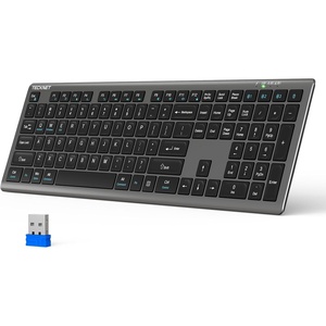 image:imageTECKNET Bluetooth Keyboard Rechargeable 4Device Free Switching 24GBT UltraSlim Full Size Wireless Keyboard Quiet Typing for PCLaptopSmart TVPhone Adjustable Stand 12 Multimedia KeysBlackGrey