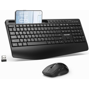 image:imageTECKNET Wireless Keyboard and Mouse Combo FullSize Ergonomic Keyboard with Wrist Rest Phone Holder Sleep Mode Silent 24GHz Cordless Set for Computer Laptop PC Mac Windows Black