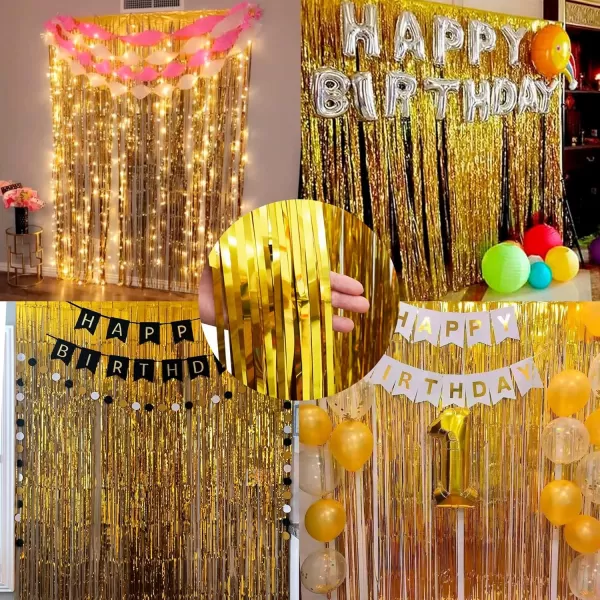 Dazzle Bright 2 Pack Backdrop Curtain 3FT x 8FT Metallic Tinsel Foil Fringe Curtains Photo Booth Background for Baby Shower Party Birthday Wedding Engagement Bridal Shower Champagne GoldGold