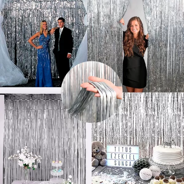 Dazzle Bright 2 Pack Backdrop Curtain 3FT x 8FT Metallic Tinsel Foil Fringe Curtains Photo Booth Background for Baby Shower Party Birthday Wedding Engagement Bridal Shower Champagne GoldSilver