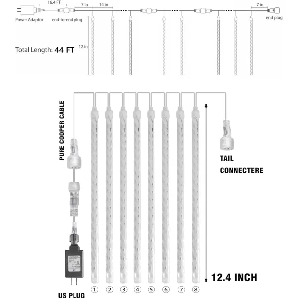 Dazzle Bright Christmas Lights Outdoor 288LED Meteor Shower Rain Lights 12 Inch 8 Tubes Waterproof Plug in Falling Icicle Lights Christmas Decorations for Xmas Tree Yard House Decor BlueWhite
