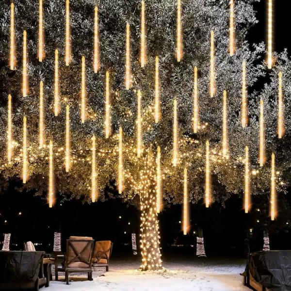 Dazzle Bright Christmas Lights Outdoor 288LED Meteor Shower Rain Lights 12 Inch 8 Tubes Waterproof Plug in Falling Icicle Lights Christmas Decorations for Xmas Tree Yard House Decor BlueWarm White