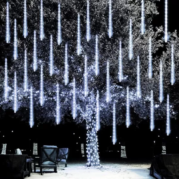 Dazzle Bright Christmas Lights Outdoor 288LED Meteor Shower Rain Lights 12 Inch 8 Tubes Waterproof Plug in Falling Icicle Lights Christmas Decorations for Xmas Tree Yard House Decor BlueWhite