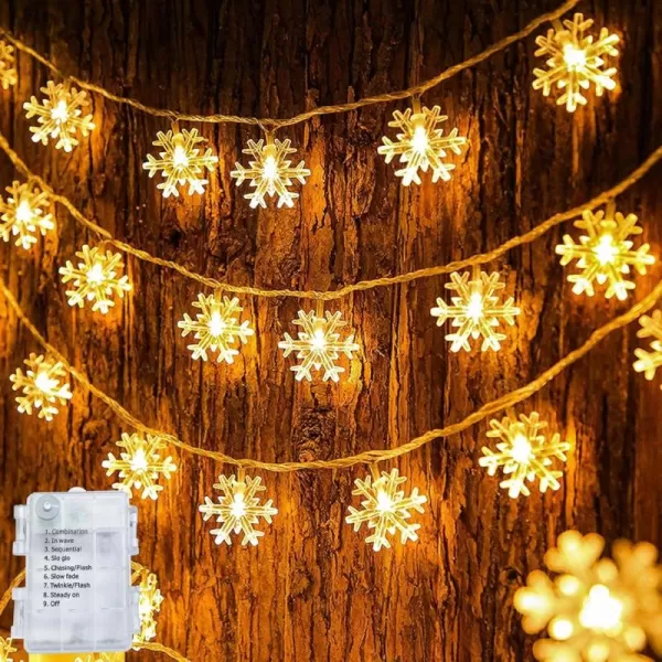 Dazzle Bright Christmas Snowflake String Lights 2 Pack Total 100LED 50FT Battery Operated Christmas Lights with 8 Lighting Modes for Indoor Outdoor Xmas Tree Party Decorations WhiteWarm White