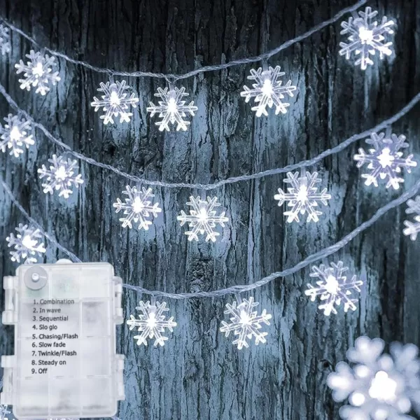 Dazzle Bright Christmas Snowflake String Lights 2 Pack Total 100LED 50FT Battery Operated Christmas Lights with 8 Lighting Modes for Indoor Outdoor Xmas Tree Party Decorations WhiteWhite