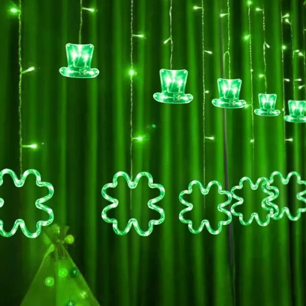 Dazzle Bright St Patrick Day Lights 174LED 9FT Green Hat and Shamrock Curtain String Lights with 8 Modes Plug in St Patrick Decorations for Indoor Window Outdoor Party Decor