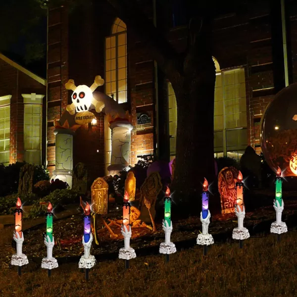 Dazzle Bright Halloween Decorations 5 Pack Lighted Battery Operated Skeleton Hands Hold Candle with Stakes Pathway Decor for Indoor Outdoor Party Home Garden