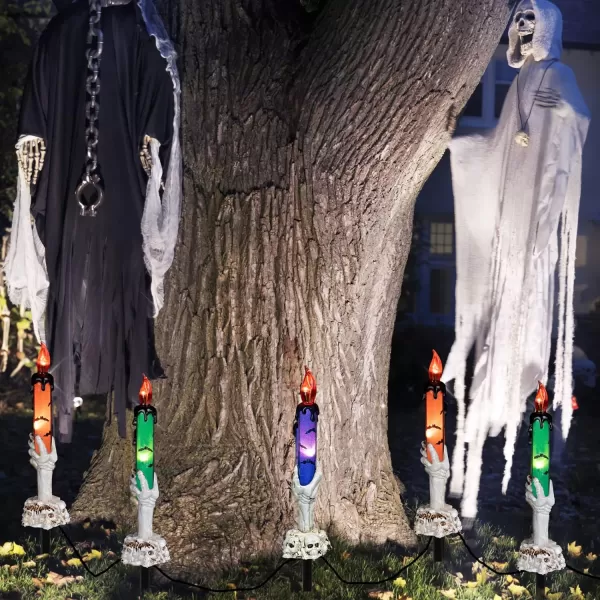 Dazzle Bright Halloween Decorations 5 Pack Lighted Battery Operated Skeleton Hands Hold Candle with Stakes Pathway Decor for Indoor Outdoor Party Home Garden