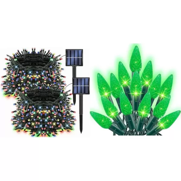 Dazzle Bright 100 LED 33 FT Christmas C6 Lights  2 Pack 200 LED 66 FT Solar Powered String Lights