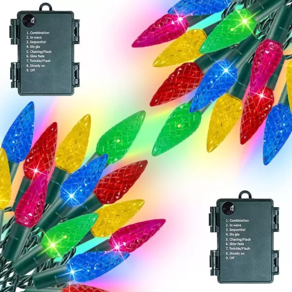 Dazzle Bright C6 Battery Operated Christmas Lights 2 Pack Total 100LED 34FT MultiColored Lights with 8 Modes Waterproof Christmas Decorations for Xmas Indoor Outdoor Yard Tree House DecorMulticolor