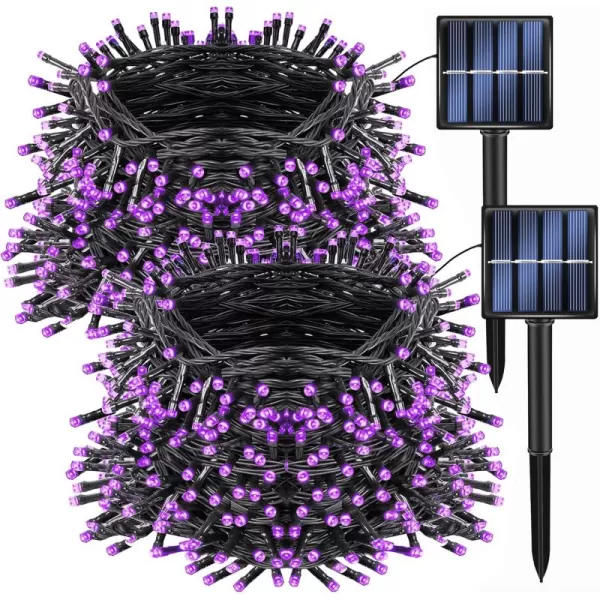 Dazzle Bright 2 Pack Total 400LED 132FT Halloween Solar String Outdoor Lights Solar Powered with 8 Modes Waterproof Halloween Lights for Bedroom Patio Garden Tree Party Yard Decoration PurplePurple