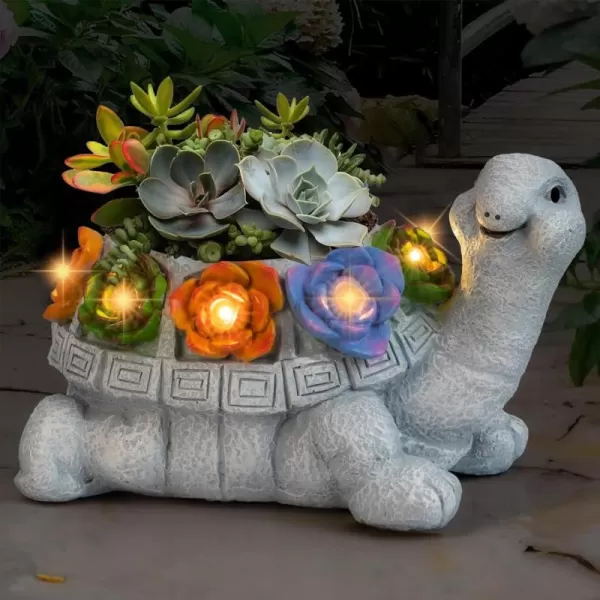 Dazzle Bright 7 LED Resin Lighted Turtle Figurine Garden Decor Solar Powered Succulent Planter Pots with Drainage Hole Yard Lawn Patio Outdoor Statue Decor Housewarming Gifts for Mom Turtle Lovers