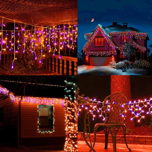 Dazzle Bright 360 LED Christmas Icicle Lights 295 FT 8 Modes Curtain Fairy Lights with 60 Drops Connectable Xmas String Lights for Outdoor Holiday Wedding Party Decorations MultiColoredOrange  Purple