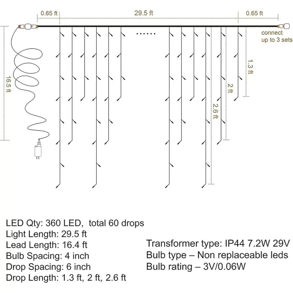 Dazzle Bright 360 LED Christmas Icicle Lights 295 FT 8 Modes Curtain Fairy Lights with 60 Drops Connectable Xmas String Lights for Outdoor Holiday Wedding Party Decorations MultiColoredWhite