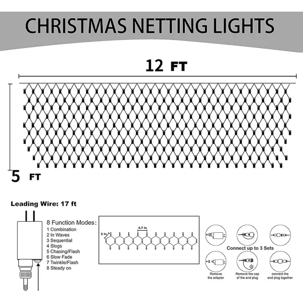 Dazzle Bright Christmas 360 LED Net Lights 12FT x 5 FT Connectable Waterproof String Lights with 8 Modes Christmas Decorations for Indoor Outdoor Xmas Party Yard Garden Decor WhiteBlue