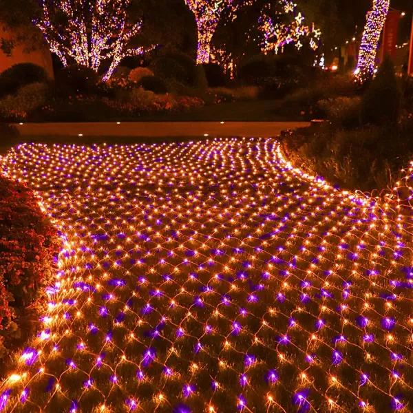 Dazzle Bright Christmas 360 LED Net Lights 12FT x 5 FT Connectable Waterproof String Lights with 8 Modes Christmas Decorations for Indoor Outdoor Xmas Party Yard Garden Decor WhitePurple  Orange