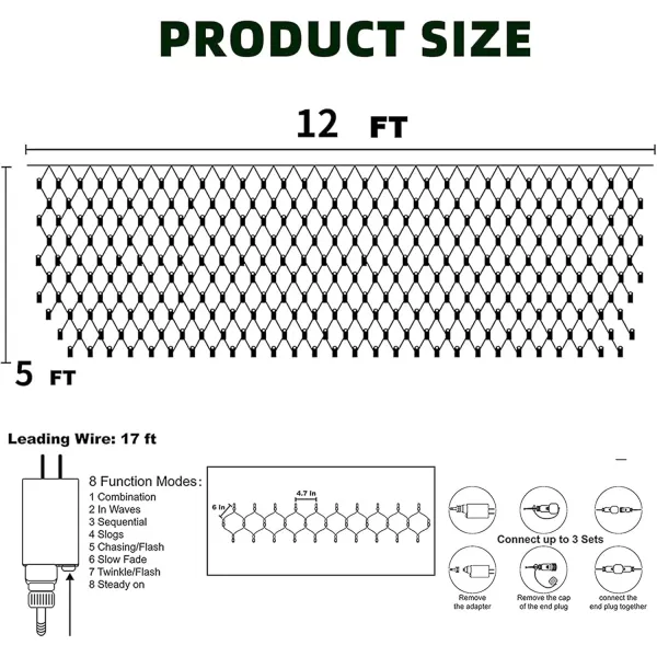 Dazzle Bright Christmas Net Lights 360 LED 12FT x 5 FT Green Wire Waterproof Connectable String Lights with 8 Modes Christmas Outdoor Lights for Bush Garden Party Wedding Holiday Decoration WhiteBlue