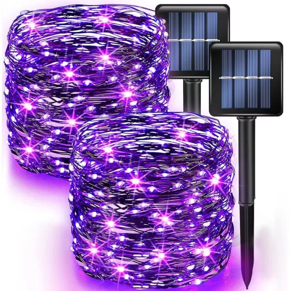 Dazzle Bright 2 Pack Solar String Lights Outdoor Total 80FT 240LED Solar Powered Waterproof Fairy Lights 8 Modes Copper Wire Lights for Christmas Patio Party Tree Yard Decoration WhitePurple