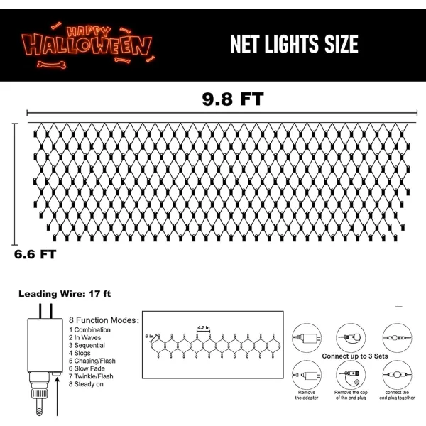 Dazzle Bright Christmas 200 LED Net Lights 98 FT x 66 FT Connectable Mesh Lights with 8 Lighting Modes Christmas Decorations for Indoor Outdoor Bush Yard Garden Decor Warm White Green WireOrange