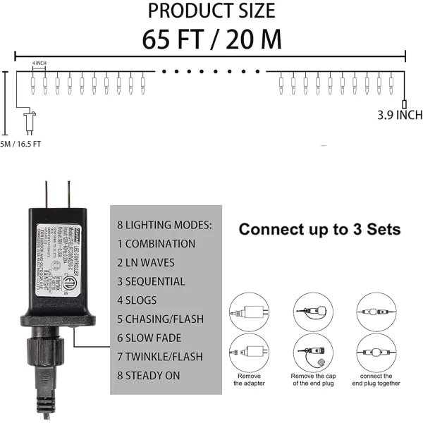 Dazzle Bright 200 LED Christmas Mini String Lights 65FT Connectable Waterproof 8 Modes Fairy Lights for Indoor Outdoor Patio Garden Holiday Party Decorations Warm WhiteWarm White