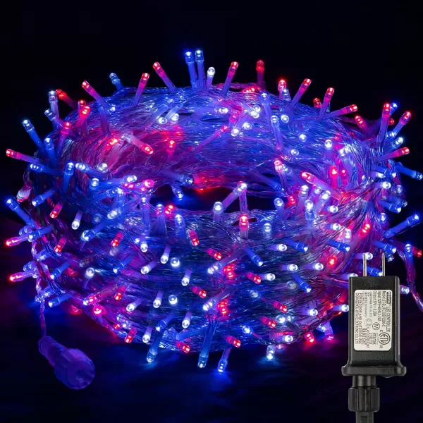 DAZZLE BRIGHT Halloween 300 LED String Lights 100FT Connectable String Lights with 8 Lighting Modes Halloween Decorations for Party Carnival Supplies Indoor Outdoor Yard Garden Decor PurpleRed White and Blue