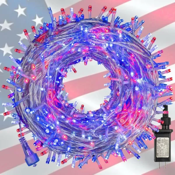 Dazzle Bright 300 LED Christmas String Lights 100 FT Connectable Waterproof String Lights Green Wire with 8 Modes Xmas Vintage Decorations for Indoor Outdoor Party Yard Garden Decor BlueRed White and Blue