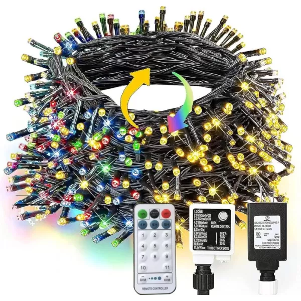 Dazzle Bright 300 LED Christmas String Lights 100 FT Connectable Waterproof String Lights Green Wire with 8 Modes Xmas Vintage Decorations for Indoor Outdoor Party Yard Garden Decor BlueWarm White  Multicolored