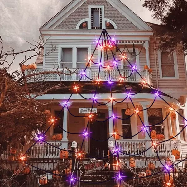 Dazzle Bright 135 LED Spider Web Halloween Lights 16FT x 13FT Giant Halloween Decorations for Indoor Outdoor House Garden Yard Party Purple ampamp Orange