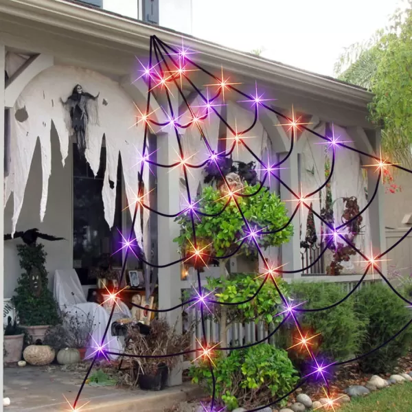 Dazzle Bright 135 LED Spider Web Halloween Lights 16FT x 13FT Giant Halloween Decorations for Indoor Outdoor House Garden Yard Party Purple ampamp Orange