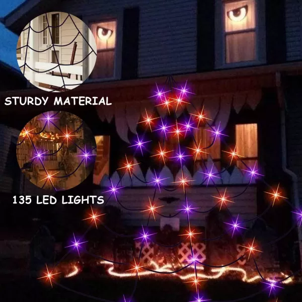 Dazzle Bright 135 LED Spider Web Halloween Lights 16FT x 13FT Giant Halloween Decorations for Indoor Outdoor House Garden Yard Party Purple ampamp Orange