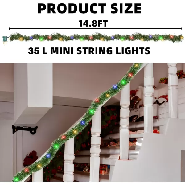 Dazzle Bright 15 FT Artificial Christmas Garland PreLit 35 Count Mini String Lights Plug in Xmas Garland Lighted Christmas Decoration for Indoor Holiday Door Home Stairs DecorMultiColored