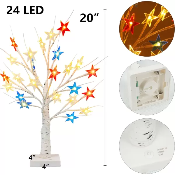 Dazzle Bright 2 Pack Independence Day Tree with Star Lights Table Decorations Home Room Decor 24 LED Red White and Blue Battery Operated 4th of July Patriotic Tree Lights